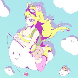 Rule 34 | 1girl, artist request, backpack, bag, blonde hair, blue eyes, blue sky, boots, breasts, cleavage, cloud, day, goggles, goggles on head, high heel boots, high heels, lakitu, large breasts, long hair, mario (series), new super mario bros. u deluxe, nintendo, outdoors, pants, short shorts, shorts, sky, smile, solo, spiny egg, striped tank top, super crown, tank top, thighhighs
