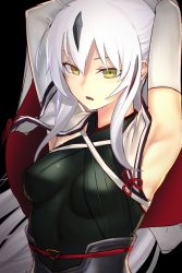 Rule 34 | armor, armpits, arms behind head, breasts, elbow gloves, fate (series), gloves, i-pan, koha-ace, looking at viewer, nagao kagetora (fate), open mouth, sleeveless, solo, white gloves, white hair, yellow eyes