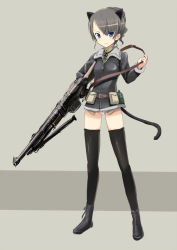Rule 34 | 1girl, animal ears, bipod, bomber jacket, browning automatic rifle, cat ears, cat tail, gun, jacket, legs, machine gun, messy (efuya), original, simple background, solo, strike witches, tail, thighhighs, weapon, world witches series