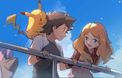Rule 34 | 1boy, 1girl, ash ketchum, black gloves, blonde hair, blue eyes, blurry, brown hair, closed mouth, cloud, creatures (company), day, diancie, fingerless gloves, from below, game freak, gen 1 pokemon, gen 6 pokemon, gloves, highres, holding, legendary pokemon, long sleeves, looking down, mixed-language commentary, mythical pokemon, nintendo, outdoors, pikachu, podayo po, pokemon, pokemon (anime), pokemon (creature), pokemon xy (anime), raglan sleeves, serena (pokemon), shirt, short hair, sky, smile, t-shirt