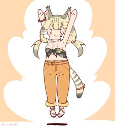 Rule 34 | 1girl, animal ears, belt, cat ears, cat girl, cat tail, coroha, extra ears, full body, grey hair, jewelry, jumping, jungle cat (kemono friends), kemono friends, long hair, looking at viewer, navel, necklace, orange background, pants, ribbon, sandals, shirt, simple background, sleeveless, sleeveless shirt, solo, tail, twintails