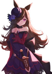 Rule 34 | 1girl, absurdres, backlighting, bare shoulders, blue dress, blue flower, blue hat, blue rose, breasts, brown hair, closed mouth, collarbone, dagger, dress, flower, hair over one eye, hand up, hat, hat flower, highres, knife, ling yin, long hair, long sleeves, off-shoulder dress, off shoulder, pink eyes, rice shower (umamusume), rose, simple background, sleeves past wrists, small breasts, smile, solo, tilted headwear, umamusume, very long hair, weapon, white background, wide sleeves