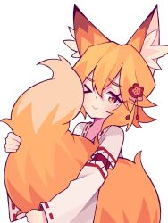 &gt;_o 1girl :&gt; animal_ear_fluff animal_ears blonde_hair commentary english_commentary flower fox_ears fox_girl fox_tail hair_between_eyes hair_flower hair_ornament highres hugging_own_tail hugging_tail japanese_clothes kazumiskill kimono looking_at_viewer one_eye_closed ribbon-trimmed_sleeves ribbon_trim senko_(sewayaki_kitsune_no_senko-san) sewayaki_kitsune_no_senko-san short_hair solo tail tail_raised upper_body white_background white_kimono yellow_eyes