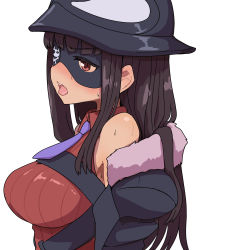Rule 34 | 1girl, bare shoulders, black hair, black jacket, blue necktie, blunt bangs, blush, breasts, brown eyes, collared shirt, eyepatch, from side, fur trim, hat, highres, jacket, large breasts, long hair, looking at viewer, mask, necktie, one eye covered, plamja-sama, purple necktie, red sweater, ribbed sweater, sekai seifuku: bouryaku no zvezda, shirt, simple background, solo, sumiyao (amam), sweat, sweater, tongue, tongue out, white background