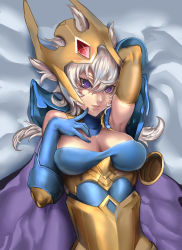 Rule 34 | 1girl, archon (crusaders quest), armpits, blue gloves, breasts, cleavage, crown, crusaders quest, elbow gloves, forehead jewel, gloves, highres, kumiko shiba, large breasts, lying, on back, purple eyes, silver hair, solo