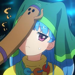 Rule 34 | 1girl, apron, black background, blue background, blue hair, blurry, closed mouth, dress, gradient background, green apron, green headwear, green scarf, haniwa (statue), haniyasushin keiki, head scarf, jewelry, light, long hair, looking at viewer, magatama, magatama necklace, necklace, object on head, pink eyes, polearm, purple eyes, scarf, shadow, shirosato, short sleeves, solo, spear, touhou, upper body, weapon, yellow dress