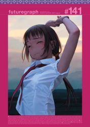 Rule 34 | 1girl, arms up, artist name, blush, brown eyes, brown hair, closed mouth, dress shirt, english text, hair ornament, hair scrunchie, highres, long hair, murata range, necktie, one eye closed, original, outdoors, own hands together, ponytail, red necktie, scrunchie, shirt, solo, tears, watermark, web address, white shirt