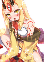 Rule 34 | blonde hair, blush, chocolate, eating, fate/grand order, fate (series), floral print, highres, horns, ibaraki douji (fate), japanese clothes, kimono, long hair, looking at viewer, monster girl, oni, pointy ears, sitting, slit pupils, tattoo, yellow eyes, yellow kimono