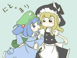 Rule 34 | 2girls, blonde hair, female focus, hair bobbles, hair ornament, hat, kawashiro nitori, kirisame marisa, multiple girls, peconica, touhou, two side up, witch, witch hat