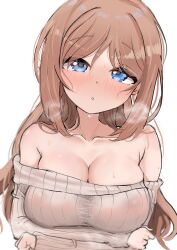 1girl :o absurdres armpit_crease arms_under_breasts blue_eyes blush breasts breath brown_hair cleavage collarbone commentary_request covered_erect_nipples gakuen_idolmaster head_tilt highres himesaki_rinami idolmaster kion_(namarock8686) large_breasts long_hair looking_at_viewer no_bra off-shoulder_sweater off_shoulder ribbed_sweater simple_background solo sweat sweater upper_body very_long_hair white_background