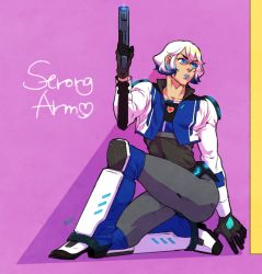 Rule 34 | 1girl, blue eyes, blue lips, gloves, gun, jacket, lipstick, makeup, mojyadazo, personification, strongarm (transformers), transformers, weapon, white hair