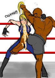 Rule 34 | 1boy, 1girl, aladdin (artist), bald, battle, blue eyes, bodysuit, boxing ring, crossover, dead or alive, dead or alive 5, fingerless gloves, gloves, grabbing another&#039;s hair, highres, kneeing, ponytail, rolling eyes, ryona, sarah bryant, sunglasses, virtua fighter, vomit, vomiting, zack (doa)