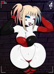 Rule 34 | 1girl, absurdres, ass, blue eyes, breasts, colored skin, curvy, harley quinn, highres, huge ass, large breasts, makeup, smile, solo, thick thighs, thighhighs, thighs, thong, tight clothes, twintails, viewfinder, white skin, wide hips, zonen404