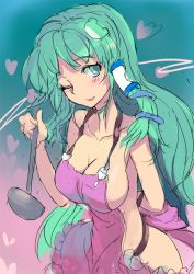 Rule 34 | 1girl, apron, blush, breasts, colorized, frog hair ornament, gradient background, green eyes, green hair, hair ornament, hair tubes, heart, kochiya sanae, ladle, large breasts, long hair, looking at viewer, matching hair/eyes, naked apron, one eye closed, open mouth, ribbon, simple background, sinzan, sketch, smile, snake hair ornament, solo, touhou