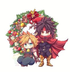 2boys armor armored_boots black_hair black_pants blonde_hair blue_eyes blue_pants boots buster_sword cape chibi christmas christmas_ornaments cloak cloud_strife crossed_arms final_fantasy final_fantasy_vii final_fantasy_vii_rebirth final_fantasy_vii_remake full_body gauntlets gun handgun highres kazuha61 long_hair looking_at_viewer male_focus multiple_boys pants red_cape red_cloak red_eyes short_hair shoulder_armor single_gauntlet sitting spiked_hair standing sweater turtleneck turtleneck_sweater vincent_valentine weapon