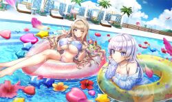 Rule 34 | 2girls, bare arms, bikini, blonde hair, blue eyes, blue nails, blunt bangs, breasts, cocktail glass, covered navel, crossed legs, cup, day, dolphin wave, drinking glass, drinking straw, flower, game cg, hair intakes, head rest, hibiscus, highres, innertube, kirahoshi kanna, large breasts, lifebuoy, long hair, long sleeves, multiple girls, nail polish, official art, one eye closed, ootomo takuji, outdoors, pool, red flower, schnee weissberg, straight hair, summer, swim ring, swimsuit, underboob, water, wet jacket, white hair, yellow flower