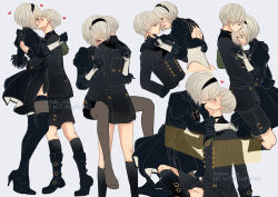 Rule 34 | 1girl, 2b (nier:automata), 9s (nier:automata), artist name, back cutout, black dress, black footwear, black hairband, black shorts, black socks, black suit, black thighhighs, blue eyes, blush, boots, bug, buttons, carrying, carrying person, closed eyes, clothing cutout, commentary request, cropped torso, dress, formal, grey background, grey hair, hairband, heart, hetero, high heel boots, high heels, kiss, mitsuki nite, nier:automata, nier (series), puffy sleeves, short hair, shorts, simple background, socks, standing, suit, thighhighs, twitter username, watermark