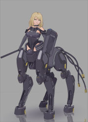 Rule 34 | 1girl, absurdres, armor, armored leotard, bare shoulders, baton, black collar, black gloves, black leotard, blonde hair, breastplate, breasts, centauroid, chinese commentary, collar, collarbone, commentary request, covered navel, elbow gloves, full body, gloves, green eyes, grey background, groin, highres, holding, holding shield, joints, leotard, mecha musume, mechanical legs, medium breasts, medium hair, multiple legs, original, parted bangs, parted lips, police, reflection, reflective floor, robot joints, shield, sidelocks, simple background, smile, solo, standing, taur, zhentian liukuai qian