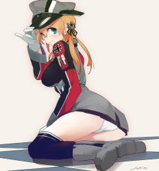 Rule 34 | 10s, 1girl, anchor hair ornament, ass, beige background, black ribbon, black skirt, black thighhighs, blonde hair, blue eyes, blush, cross, gloves, hair ornament, hair ribbon, hand on headwear, hat, iron cross, kantai collection, long hair, long sleeves, looking at viewer, looking back, microskirt, military, military uniform, over-kneehighs, panties, peaked cap, prinz eugen (kancolle), ribbon, sitting, skirt, so shina, sohin, solo, thighhighs, twintails, underwear, uniform, white gloves, white panties