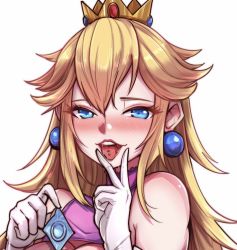 Rule 34 | 1girl, armpit crease, bare shoulders, blonde hair, blouse, blue eyes, blush, breasts, cleavage, condom, condom wrapper, crown, earrings, elbow gloves, eyelashes, gloves, hands up, holding, holding condom, jewelry, lips, long hair, looking at viewer, mario (series), nintendo, open mouth, piercing, pink lips, pink shirt, princess, princess peach, shirt, simple background, sleeveless, sleeveless shirt, smile, solo, super mario bros. 1, teeth, tinnies, tongue, tongue out, tongue piercing, turtleneck, upper body, upper teeth only, v, v over mouth, white background, white gloves
