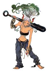 Rule 34 | 1girl, breasts, curled horns, denim, earrings, full body, green hair, hair ornament, hair stick, highres, horns, jeans, jewelry, long hair, looking at viewer, makenevemoiine, multicolored hair, multicolored horns, one piece, oni, pants, red horns, simple background, smile, solo, underwear, weapon, white background, white hair, yamato (one piece)