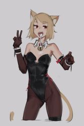 Rule 34 | 1girl, aftersex, animal ears, bell, black gloves, black legwear, blonde hair, breasts, cat ears, cat tail, collar, cum, cum in mouth, cum on body, cum on breasts, cum on upper body, deel (rkeg), facing viewer, gloves, grey background, highres, leotard, lisa (deel), neck bell, open mouth, original, playboy bunny, red eyes, sexually suggestive, short hair, simple background, solo, tail, tongue, tongue out, v