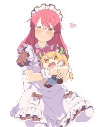 Rule 34 | 1girl, absurdres, anyadesu yo, apron, black dress, blush, bow, bowtie, brown eyes, character doll, closed mouth, commentary request, cowboy shot, doll, dress, frilled apron, frills, frown, glasses, highres, holding, holding doll, kobayashi-san chi no maidragon, kobayashi (maidragon), maid apron, maid headdress, medium hair, pantyhose, puffy short sleeves, puffy sleeves, red bow, red bowtie, red hair, scrunchie, short sleeves, simple background, solo, tohru (maidragon), white apron, white background, white pantyhose, wrist scrunchie