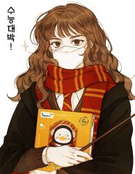 Rule 34 | 1girl, animification, black coat, book, brown eyes, brown hair, brown sweater, coat, collared shirt, covered mouth, gryffindor, hands up, harry potter (series), hermione granger, highres, hogwarts school uniform, holding, holding book, holding wand, hood, hooded coat, korean text, long hair, long sleeves, looking at viewer, mask, mouth mask, necktie, open clothes, open coat, ranpang 117, red coat, red necktie, red scarf, scarf, school uniform, shirt, simple background, solo, sparkle, standing, striped, striped necktie, sweater, two-sided coat, two-sided fabric, wand, wavy hair, white background, white shirt, wide sleeves, wizarding world