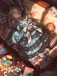 Rule 34 | 1girl, animal ears, blonde hair, blue nails, bow, cake, couch, dress, european clothes, fake animal ears, food, frilled dress, frills, hairband, headdress, highres, indoors, lolita fashion, lolita hairband, long hair, looking at viewer, looking back, magazine (object), nail polish, on couch, open mouth, original, osobachan, platform footwear, ribbon, solo, striped clothes, striped thighhighs, stuffed toy, thighhighs