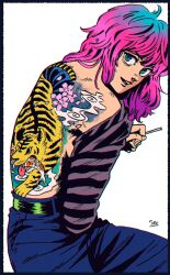 Rule 34 | 1girl, aqua eyes, back tattoo, bare back, belt, breasts, cigarette, gradient hair, holding, holding cigarette, irezumi, kaneoya sachiko, long hair, long sleeves, looking at viewer, looking back, medium breasts, multicolored hair, original, pants, parted lips, shirt, sideboob, smile, solo, striped clothes, striped shirt, tattoo