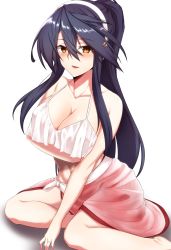 Rule 34 | 1girl, alternate costume, alternate hairstyle, black hair, breasts, cleavage, graphite (medium), hair between eyes, hair ornament, hairband, hairclip, haruna (kancolle), highres, jewelry, kantai collection, large breasts, long hair, mechanical pencil, pencil, ring, sarong, shadow, simple background, sitting, swimsuit, traditional media, utsumi karmin, wedding band, white background