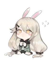 Rule 34 | 1girl, :&lt;, bad id, bad pixiv id, black footwear, black scarf, black shorts, blush, blush stickers, brown eyes, chibi, closed mouth, commentary request, dokomon, fingers together, flying sweatdrops, full body, girls&#039; frontline, green jacket, grey hair, hair between eyes, hair ornament, hairclip, highres, index fingers together, jacket, kemonomimi mode, korean commentary, long hair, long sleeves, mg4 (girls&#039; frontline), open clothes, open jacket, revision, scarf, shirt, shoes, short shorts, shorts, simple background, sitting, solo, twintails, very long hair, wariza, white background, white shirt
