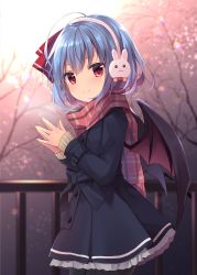 Rule 34 | 1girl, :3, absurdres, ahoge, alternate costume, bat wings, belt, black belt, black dress, black pantyhose, blue hair, blush, bow, branch, breasts, bridge, buttons, coat, commentary request, dot nose, dress, earmuffs, eyelashes, female focus, fingernails, fingers together, frilled dress, frills, hair bow, highres, long sleeves, medium breasts, outdoors, pantyhose, pink scarf, rabbit earmuffs, red bow, remilia scarlet, ruhika, scarf, short hair, smile, solo, standing, striped bow, striped clothes, striped scarf, touhou, tree, wings, winter, winter clothes, winter coat, ||/