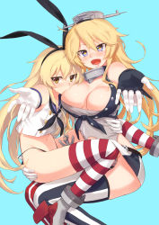 Rule 34 | 10s, 2girls, alphy, american flag, american flag legwear, anchor, anchor hair ornament, ankle boots, asymmetrical legwear, black panties, blonde hair, blue background, blue eyes, blush, boots, breast sucking, breasts, brown eyes, cleavage, commentary request, crop top, elbow gloves, flag print, front-tie top, garter straps, gloves, hair between eyes, hair ornament, hair ribbon, hairband, headgear, high heel boots, high heels, highleg, highleg panties, highres, iowa (kancolle), kantai collection, large breasts, long hair, miniskirt, mismatched legwear, multiple girls, no panties, open mouth, outstretched arm, panties, reaching, reaching towards viewer, ribbon, sailor collar, shimakaze (kancolle), skirt, star-shaped pupils, star (symbol), striped clothes, striped thighhighs, symbol-shaped pupils, thighhighs, thong, underwear, vertical-striped clothes, vertical-striped thighhighs, white gloves, yuri