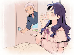 Rule 34 | 1boy, 1girl, archer (fate), black hair, blush, brown eyes, closed eyes, commentary, fate/stay night, fate (series), fingernails, grey hair, hair down, holding, holding clothes, long hair, lower teeth only, oneroom-disco, open mouth, opening door, pink ribbon, ribbon, romaji commentary, short hair, tears, teeth, tohsaka rin, under covers, yawning