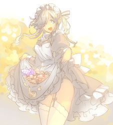 Rule 34 | 10s, 1girl, ;d, apple, apron, blue eyes, clothes lift, cucouroux (granblue fantasy), dress, dress lift, eyebrows, female focus, flower, food, fruit, garter belt, garter straps, gradient background, granblue fantasy, hair ribbon, koza game, long hair, long sleeves, maid, maid apron, maid headdress, one eye closed, open mouth, plant, puffy long sleeves, puffy sleeves, ribbon, silver hair, skirt basket, smile, solo, striped ribbon, thighhighs, twintails, white thighhighs