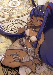 Rule 34 | 1girl, animal ears, bare shoulders, barefoot, bikini, breasts, cleavage, dark-skinned female, dark skin, earrings, facial mark, fate/grand order, fate (series), high ponytail, hoop earrings, jackal ears, jewelry, long hair, looking at viewer, medium breasts, navel, necklace, negi (ulog&#039;be), nitocris (fate), nitocris (swimsuit assassin) (third ascension) (fate), one eye closed, ponytail, purple eyes, purple hair, sarong, sitting, smile, solo, swimsuit, thighlet, tiara, very long hair, white bikini