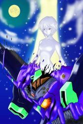 Rule 34 | 1girl, ayanami rei, cloud, eva 01, expressionless, lilith (ayanami rei), moon, neon genesis evangelion, neosworldend, night, no nipples, nude, outdoors, red eyes, robot, role reversal, short hair, star (symbol), zenra