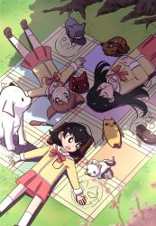 Rule 34 | &lt;o&gt; &lt;o&gt;, 3girls, absurdres, azumanga daiou, black cat, black eyes, black hair, blurry, blurry foreground, bright pupils, brown cat, brown footwear, brown hair, cat, character request, cherry blossoms, closed eyes, closed mouth, commentary, commission, cowboy shot, crossover, day, delatoid, dog, dot nose, falling petals, feet out of frame, from above, full body, grass, highres, kasuga ayumu, key, loafers, long hair, long sleeves, lying, mihama chiyo, mihama chiyo&#039;s father, miniskirt, multiple girls, nichijou, on back, open mouth, outdoors, parted lips, petals, pink skirt, sailor collar, sakaki (azumanga daioh), school uniform, serafuku, shade, shadow, shirt, shoes, unworn shoes, short twintails, skirt, sleeping, smile, socks, split mouth, takino tomo, tokisadame school uniform, twintails, white cat, white dog, white pupils, white sailor collar, white socks, yellow shirt