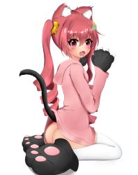 Rule 34 | 1girl, :o, animal ears, animal hands, ass, bad id, bad pixiv id, bell, blush, borrowed character, brown hair, cat ears, cat girl, cat tail, fang, gloves, hair bell, hair between eyes, hair ornament, hands up, hazuki watora, hood, hood down, hoodie, jingle bell, kemonomimi mode, long hair, long sleeves, looking at viewer, looking to the side, open mouth, original, paw gloves, paw shoes, peru (perushee), pink hoodie, purple eyes, ringlets, shoes, sidelocks, simple background, sitting, solo, tail, thighhighs, twintails, very long hair, wariza, white background, white thighhighs