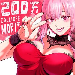Rule 34 | 1girl, breasts, cleavage, dress, earrings, eyebrows hidden by hair, head tilt, highres, hololive, hololive english, jewelry, looking at viewer, milestone celebration, mori calliope, mori calliope (party dress), morishima hitoshi, nail polish, official alternate costume, open mouth, pink eyes, pink hair, portrait, red dress, red nails, smile, solo, v, virtual youtuber, white background, wrist cuffs