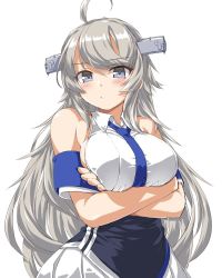 Rule 34 | 1girl, ahoge, bare shoulders, blue necktie, commentary request, cowboy shot, crossed arms, dd (ijigendd), grey eyes, headgear, kantai collection, long hair, looking at viewer, military, military uniform, necktie, pleated skirt, shirt, silver hair, simple background, skirt, sleeveless, sleeveless shirt, solo, uniform, washington (kancolle), white background, white shirt, white skirt