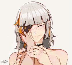 Rule 34 | 1girl, black choker, blunt bangs, blush, breasts, choker, closed eyes, closed mouth, crying, eyepatch, girls&#039; frontline, hand on another&#039;s cheek, hand on another&#039;s face, kollerss, large breasts, long hair, m16a1 (boss) (girls&#039; frontline), multicolored hair, neck, nude, orange hair, pov, pov hands, scar, scar across eye, scar on face, silver hair, solo focus, tears, two-tone hair, upper body