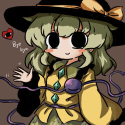 Rule 34 | 1girl, black eyes, black hat, blouse, bow, brown background, buttons, closed mouth, cowboy shot, diamond button, eyeball, floral print, frilled shirt collar, frilled sleeves, frills, goodbye, green skirt, hand up, hat, hat bow, hat ribbon, heart, heart of string, heripantomorrow, komeiji koishi, light green hair, long sleeves, medium hair, open hand, ribbon, rose print, shirt, sidelocks, simple background, skirt, smile, solo, third eye, touhou, wavy hair, wide sleeves, yellow bow, yellow ribbon, yellow shirt