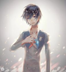 Rule 34 | 10s, 1boy, adawong00, black hair, blue eyes, commentary, darling in the franxx, hand on own chest, highres, hiro (darling in the franxx), long sleeves, male focus, military, military uniform, necktie, open clothes, open shirt, red necktie, scar, scar on chest, shiny clothes, short hair, solo, uniform