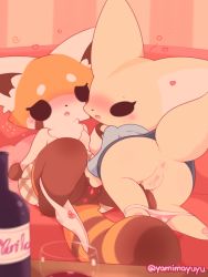 Rule 34 | 2girls, aggressive retsuko, alcohol, animal ears, anus, ass, bed, blush, chibi, cup, drinking glass, drunk, eyebrows, eyelashes, fennec fox, fenneko, fox ears, fox tail, furry, furry female, furry with furry, highres, long ears, looking at viewer, looking back, multiple girls, nakimayo, open mouth, orange fur, panties, panties around leg, panty pull, pawpads, pillow, pussy, pussy juice, red panda, red panda ears, red panda tail, retsuko, sitting, striped clothes, striped panties, tail, uncensored, underwear, white panties, wine, wine glass, yellow fur, yuri