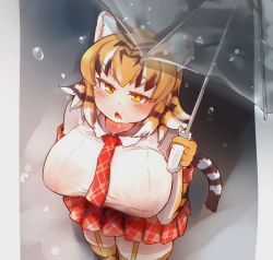 Rule 34 | 1girl, animal ears, animal print, annoyed, border, breasts, brown hair, denka (denka ilst), elbow gloves, extra ears, fang, from above, garter straps, gloves, hand up, highres, holding, holding umbrella, huge breasts, impossible clothes, impossible shirt, kemono friends, looking up, medium hair, miniskirt, multicolored hair, necktie, open mouth, orange eyes, orange hair, outdoors, plaid, plaid necktie, plaid skirt, plaid sleeves, plaid trim, pleated skirt, print gloves, rain, shirt, short sleeves, sidelocks, skirt, solo, standing, streaked hair, tail, thighhighs, tiger (kemono friends), tiger ears, tiger girl, tiger print, tiger tail, transparent, transparent umbrella, triangle mouth, umbrella, water, white hair, white shirt, zettai ryouiki