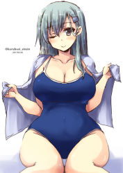 Rule 34 | 10s, 1girl, aqua eyes, aqua hair, breasts, cleavage, competition school swimsuit, dated, hair ornament, hairclip, kantai collection, large breasts, long hair, looking at viewer, one-piece swimsuit, one eye closed, school swimsuit, shinshin, sitting, smile, solo, suzuya (kancolle), swimsuit, towel