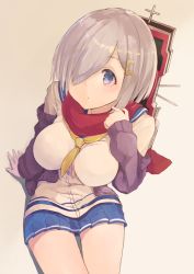 Rule 34 | 10s, 1girl, blue eyes, breasts, cardigan, female focus, hair ornament, hair over one eye, hairclip, hamakaze (kancolle), highres, kantai collection, kikkaiki, large breasts, looking at viewer, machinery, pleated skirt, red scarf, scarf, school uniform, serafuku, short hair, silver hair, simple background, sitting, skirt, solo