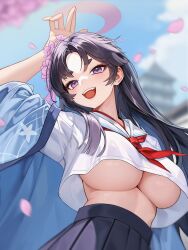 Rule 34 | 1girl, absurdres, black skirt, blue archive, breasts, commentary, fang, flower, hair flower, hair ornament, halo, haori, highres, japanese clothes, large breasts, long hair, neckerchief, open mouth, pleated skirt, pool (lautomaton), purple eyes, purple hair, purple halo, red neckerchief, sailor collar, school uniform, serafuku, skirt, smile, solo, underboob, upper body, white sailor collar, yukari (blue archive)